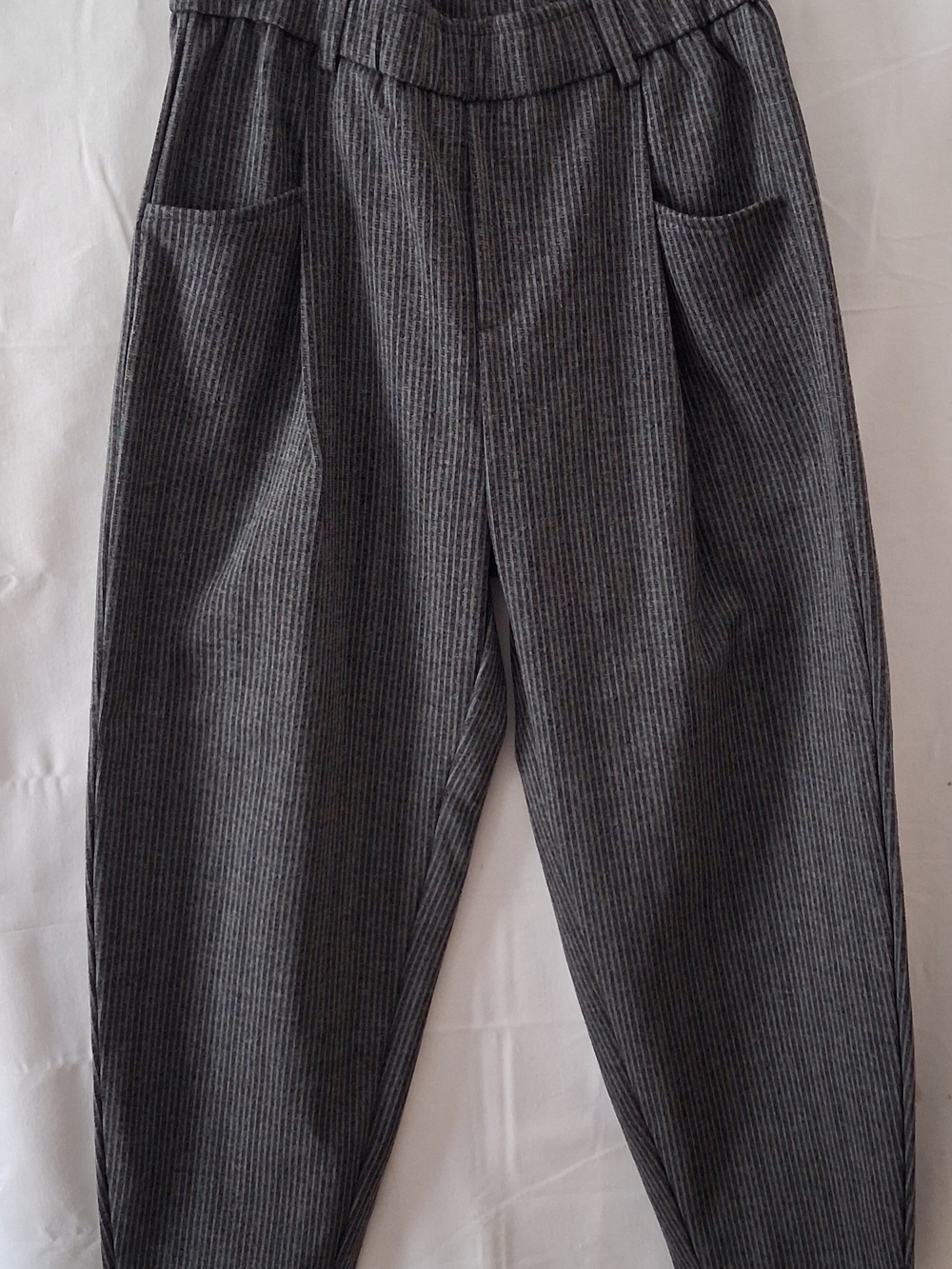 Grey Pinstripe High Waisted Tapered Trousers with Elastic Back Waist Size S
